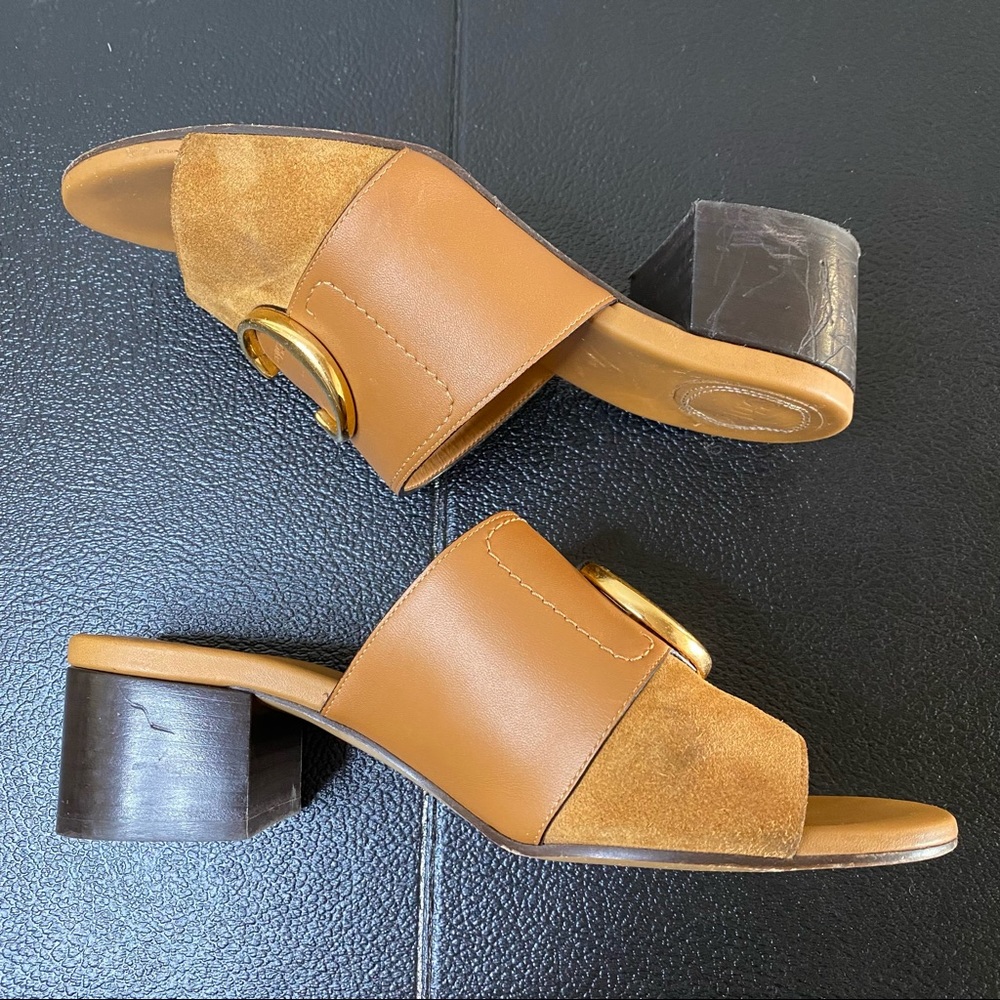 CHLOÉ camel tan C logo embellished leather heeled mules 39 - Picture 7 of 15